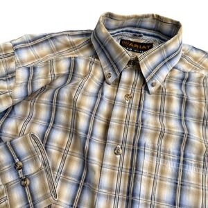 Ariat Pro Series Mens Small Blue Tan Plaid Long Sleeve Button Down Work Shirt